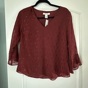 White House Black Market Women's Maroon V-Neck Peasant Top